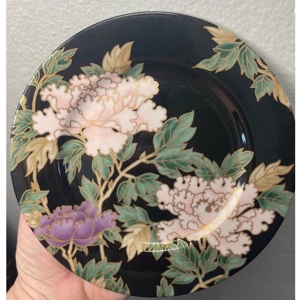 6 AVAILABLE - Fitz & Floyd Cloisonne Peony Salad Plate Black Pink Floral Vintage